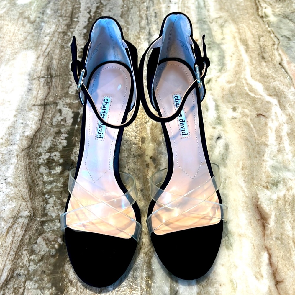 Beautiful Charles David black suede, with clear strap across toes. Never worn